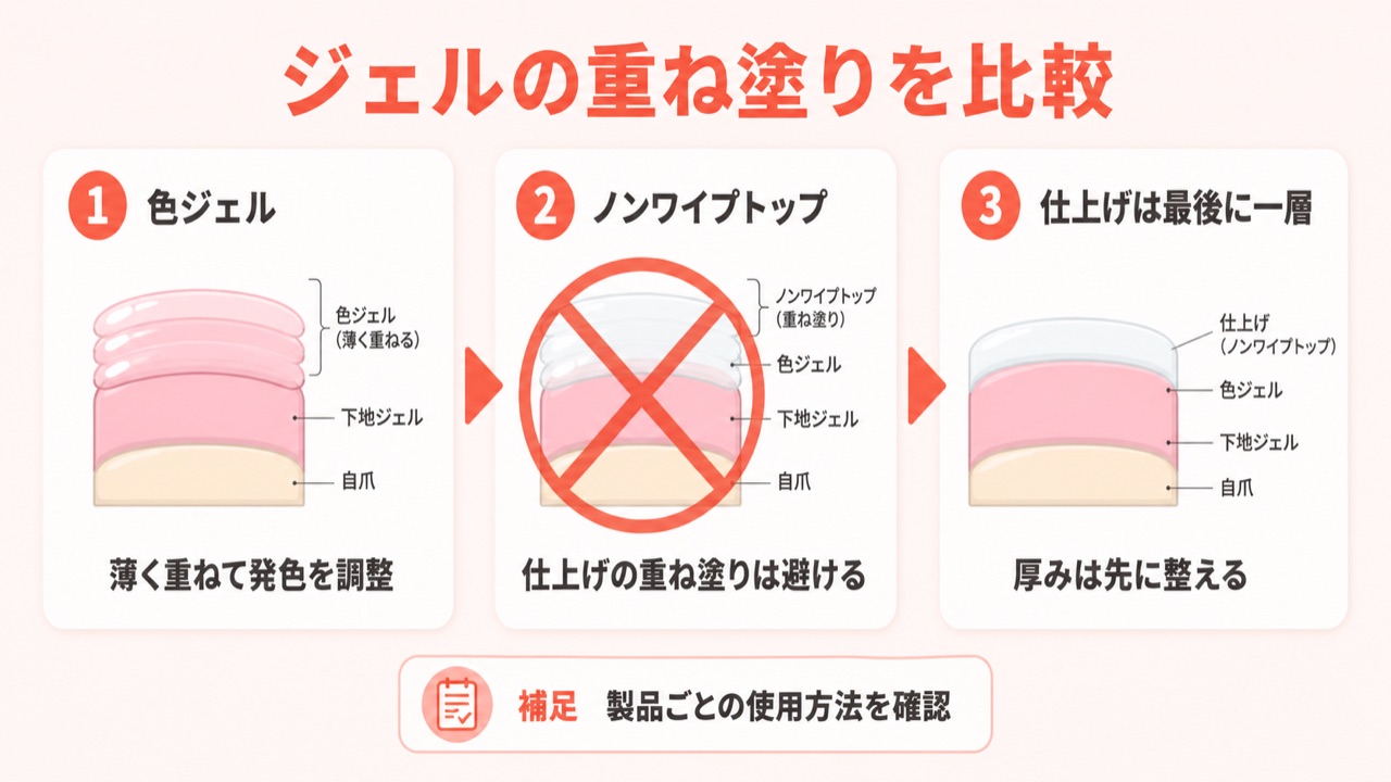 ノンワイプトップジェルと通常ジェルの重ね塗りの違いを比較した図解