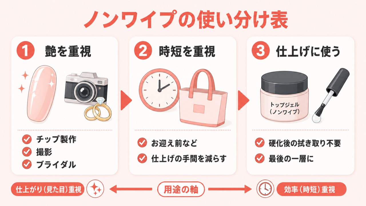 ノンワイプトップジェルの使い分けチェック表（艶重視・時短重視）