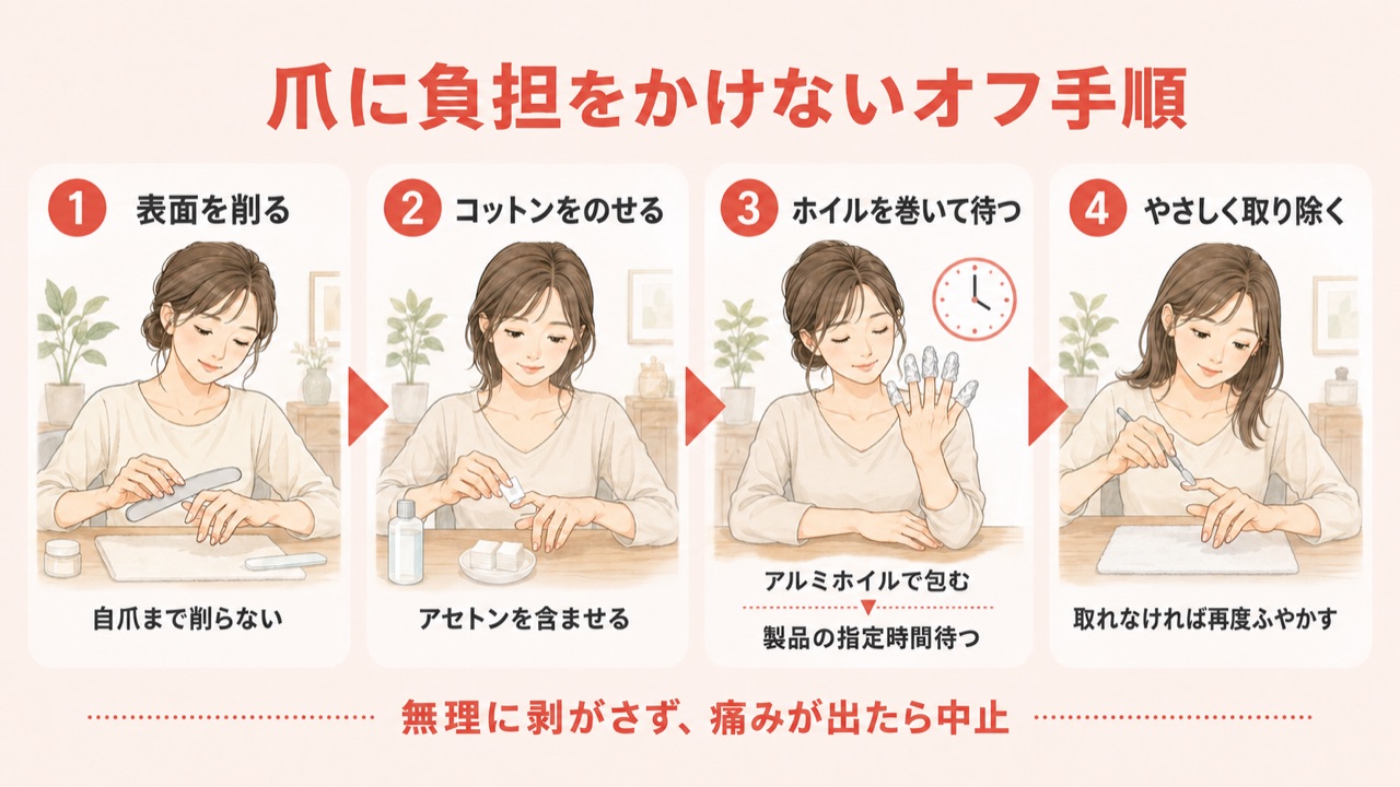 痛くないジェルネイルオフのやり方フロー図