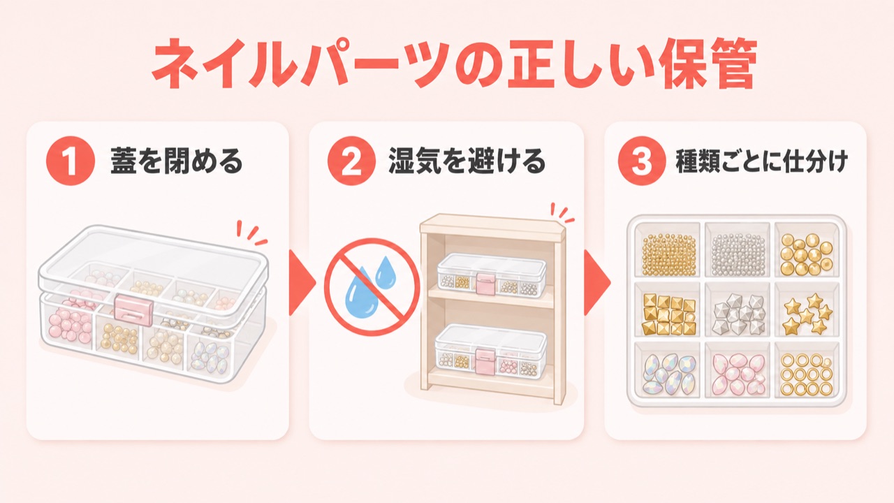 ネイルパーツの正しい保管方法の図解