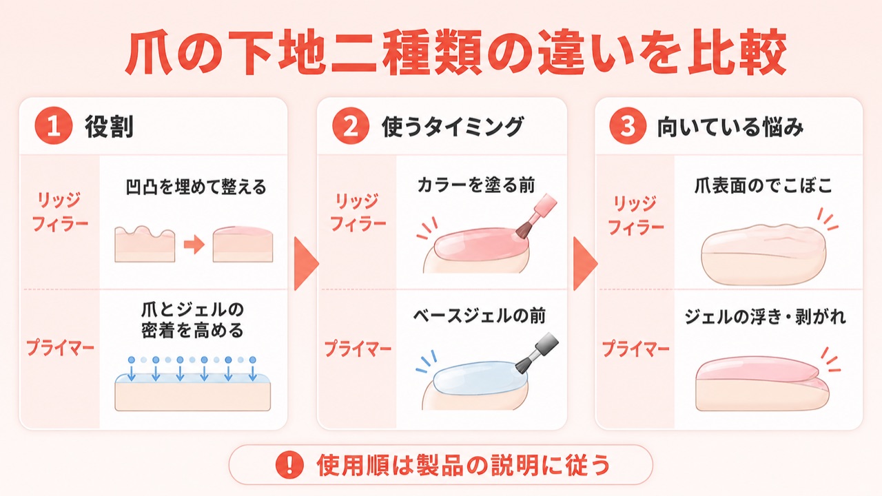 リッジフィラーとプライマーの役割の違いを比較した表