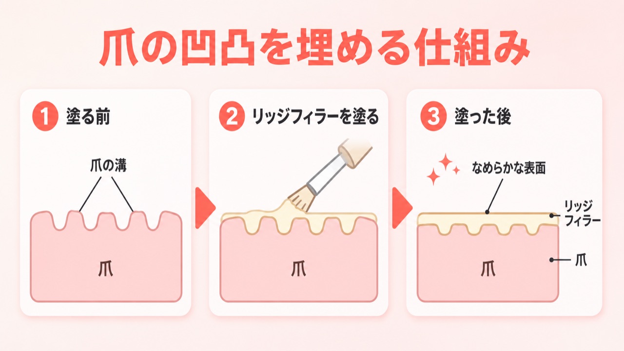 リッジフィラーを塗る前と後の爪の断面比較図解