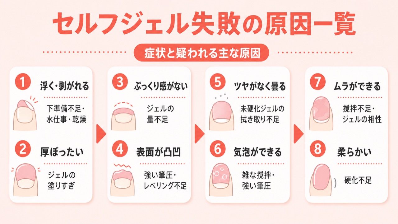 セルフジェルネイルの失敗症状と原因のチェックリスト