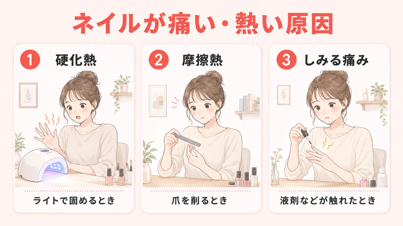 セルフジェルネイルが痛い・熱い3つの原因の分類図解