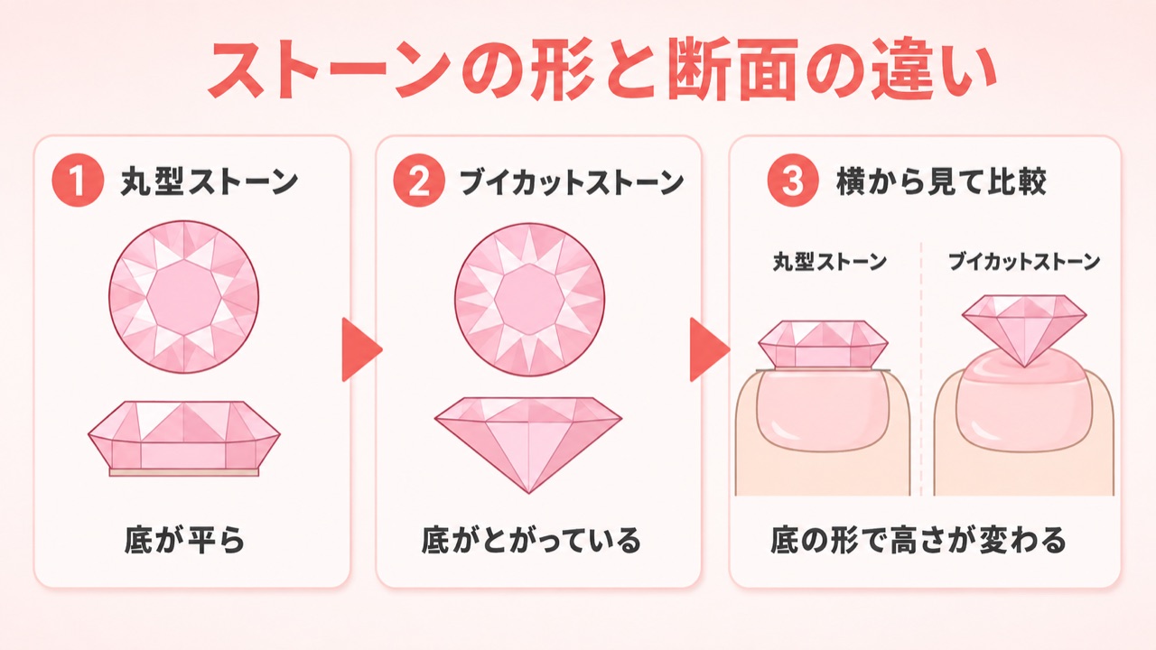 Vカットストーンと丸型ストーンの形の違いを比較した図解