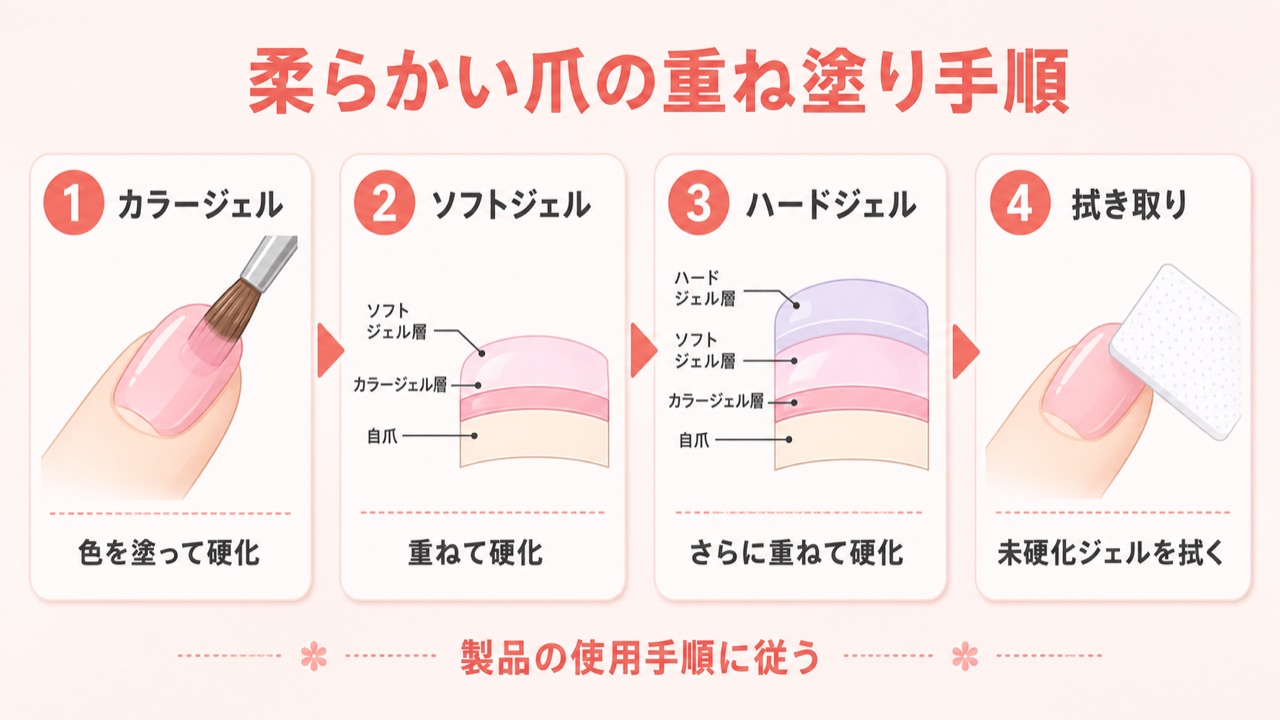 柔らかい爪を長持ちさせるソフトジェルとハードジェルのWコート手順図