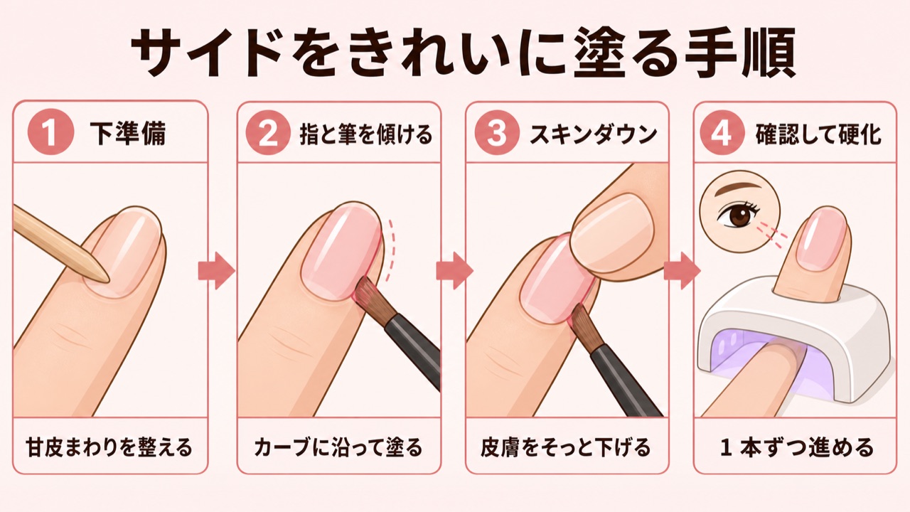 ジェルネイルのサイドを綺麗に塗る4ステップの手順フロー図