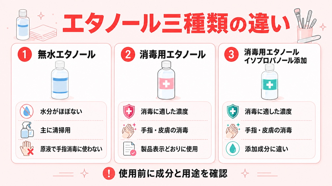 検定で使う消毒用エタノールの種類の比較表