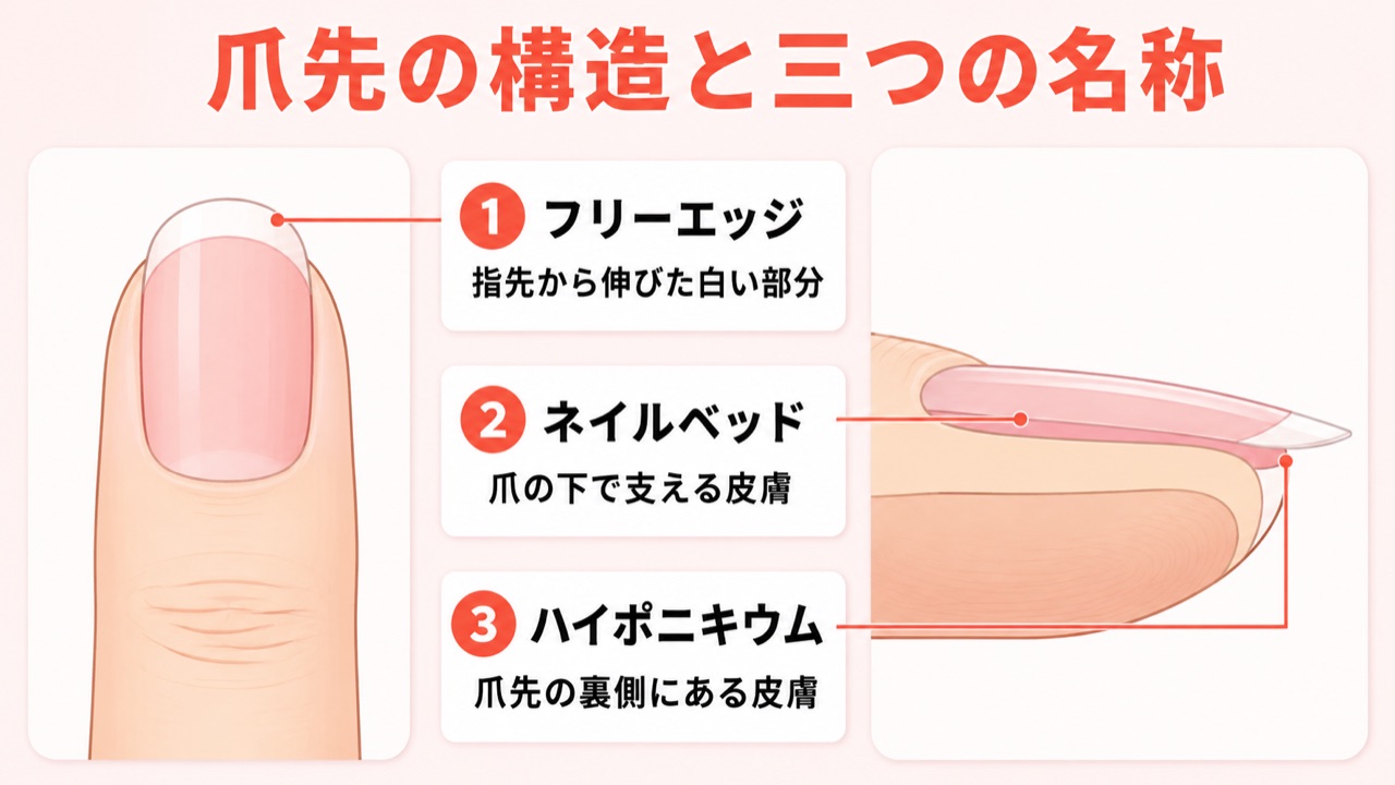 小さい爪のネイルベッドとハイポニキウムの位置を示す図解