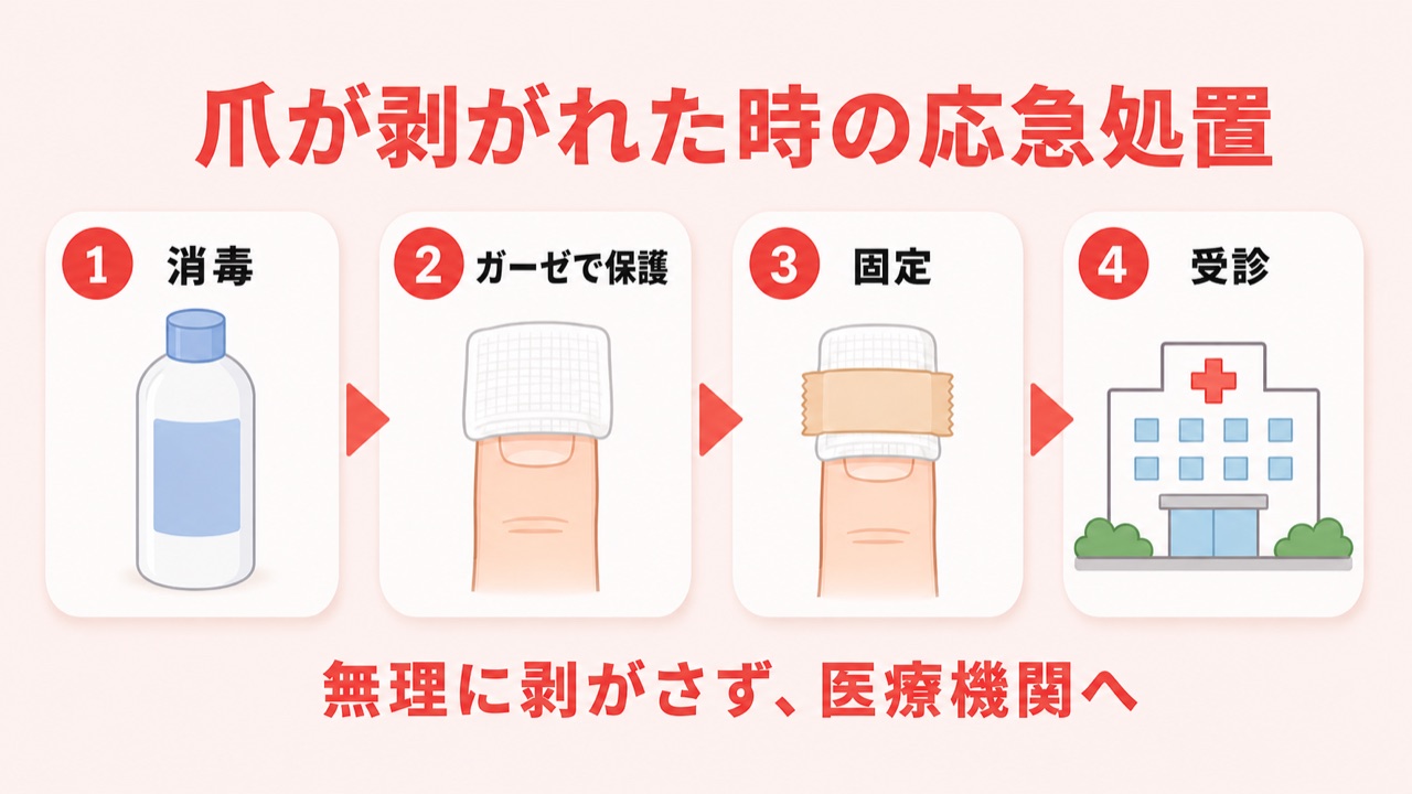 爪が剥がれたときの応急処置の手順フロー図