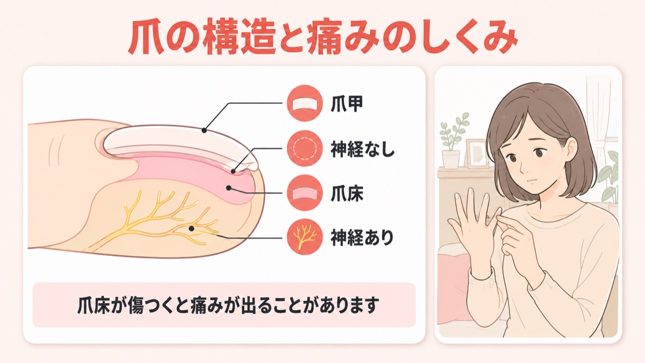 爪が剥がれても痛くない仕組みを示す爪の断面図解