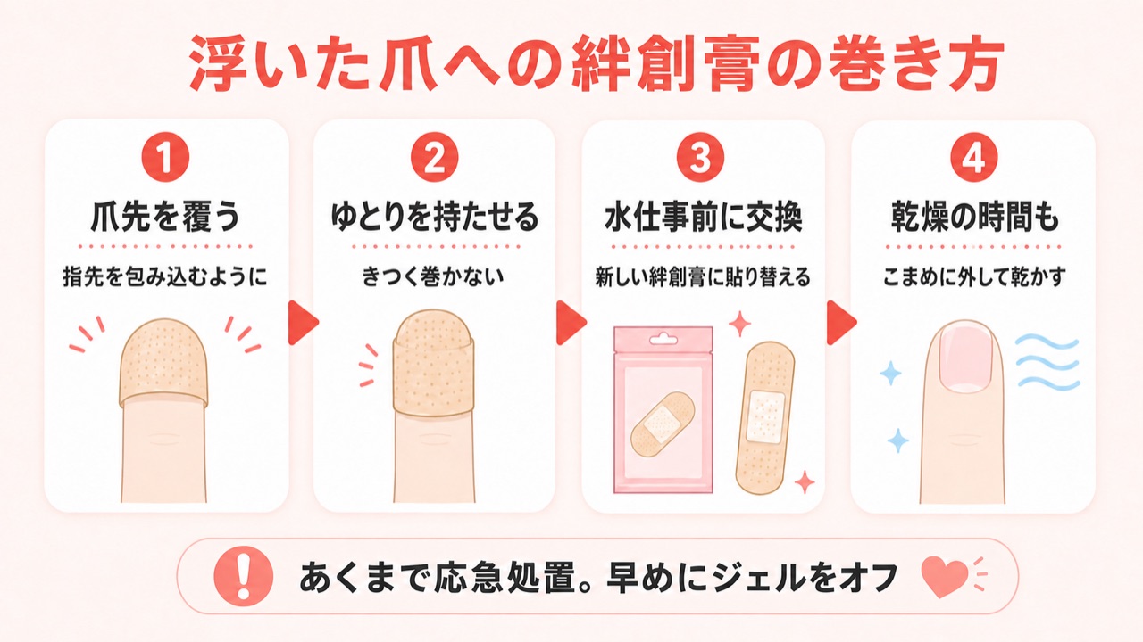 ジェルネイルが浮いてきたときの絆創膏の正しい巻き方