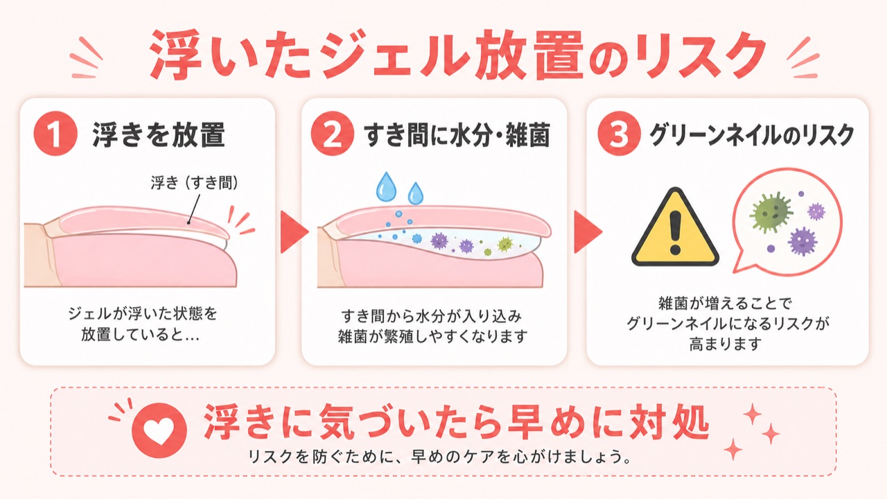 ジェルネイルの浮きを放置した場合のグリーンネイルリスク図解