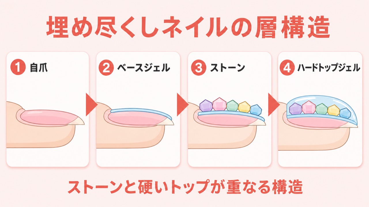 埋め尽くしネイルの構造とオフが大変な理由の図解