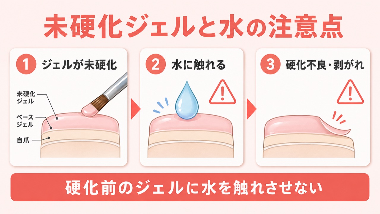 ジェルネイルが水に弱く失敗しやすい理由を示す図解