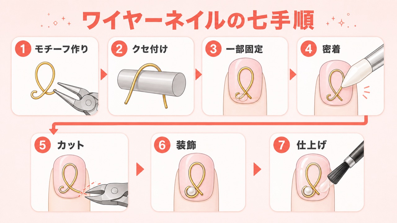 ワイヤーネイルの簡単な作り方7ステップのやり方フロー図