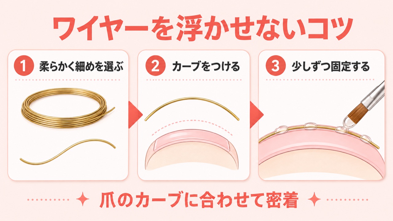 ワイヤーネイルが飛び出ない・浮かないための3ステップ図解