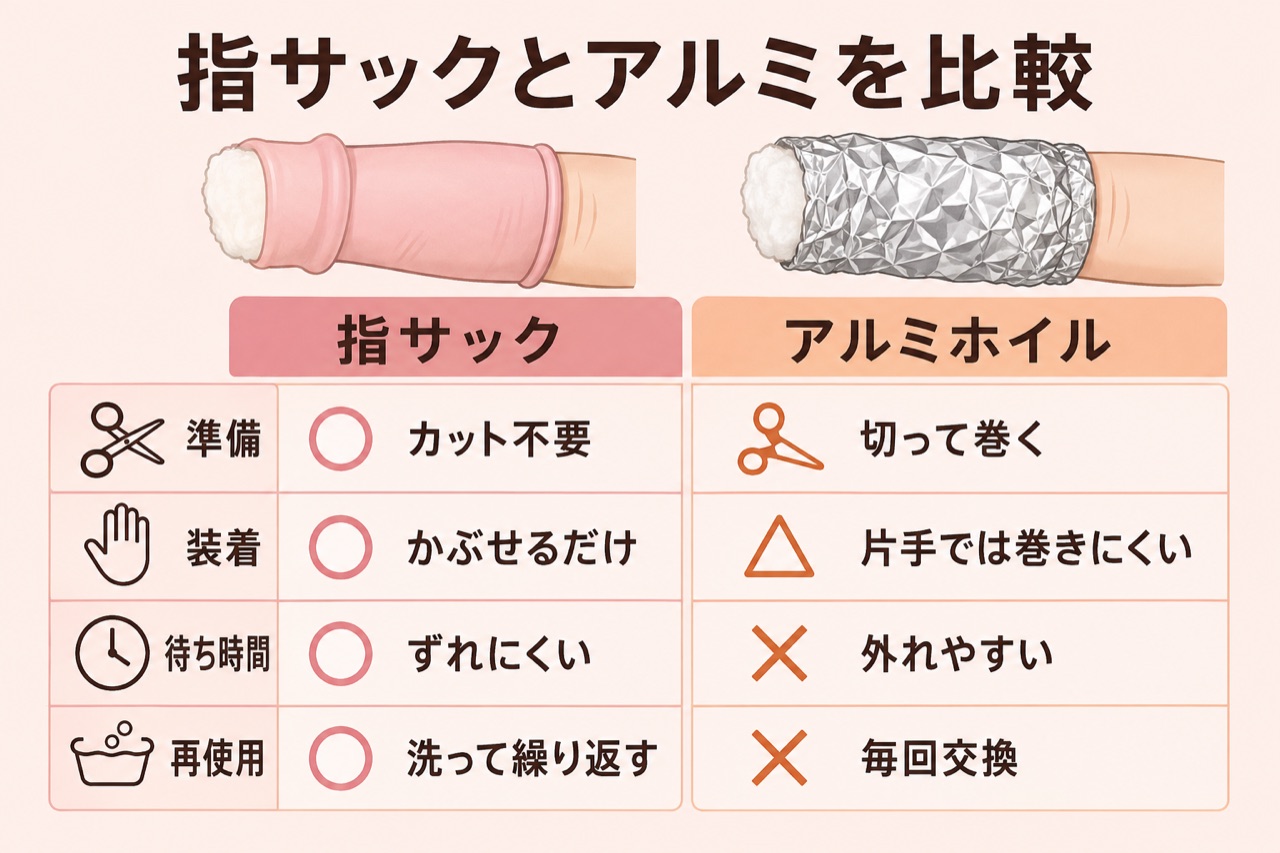 ジェルネイルオフの指サックとアルミホイルの比較図