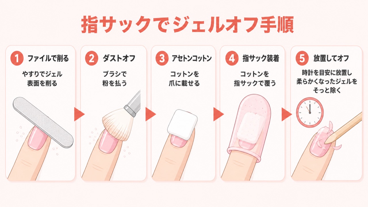 指サックを使ったセルフジェルネイルオフの手順フロー図